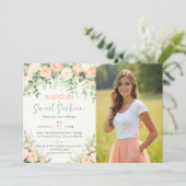 Peonies Pink Peach Elegant Script Photo Sweet 16 I Kaart (Staand voorkant)