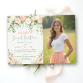 Peonies Pink Peach Elegant Script Photo Sweet 16 I Kaart
