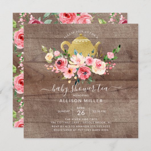 Peonies Roos Floral Baby shower Tea Uitnodiging (Voorkant / Achterkant)