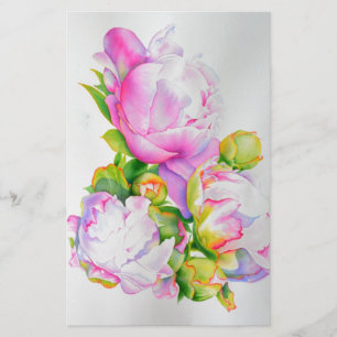 Peonies, roze, wit, florale waterverf schilderend briefpapier