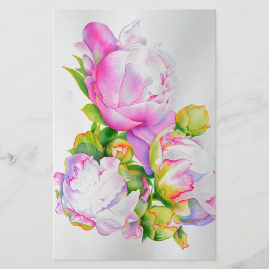 Peonies, roze, wit, florale waterverf schilderend briefpapier (Voorkant)