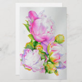 Peonies, roze, wit, florale waterverf schilderend briefpapier (Voorkant / Achterkant)