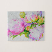 Peonies, roze, wit, florale waterverf schilderend legpuzzel (Horizontaal)