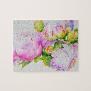 Peonies, roze, wit, florale waterverf schilderend legpuzzel