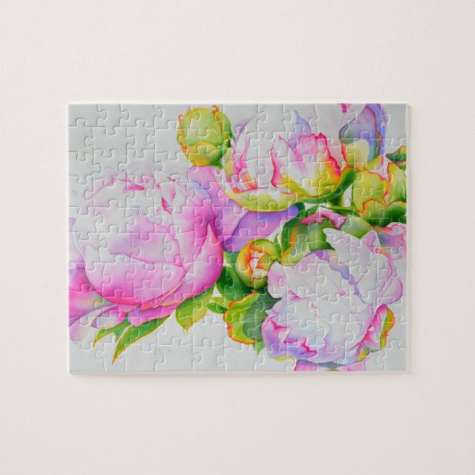 Peonies, roze, wit, florale waterverf schilderend legpuzzel (Horizontaal)