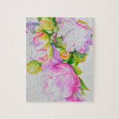 Peonies, roze, wit, florale waterverf schilderend legpuzzel (Verticaal)