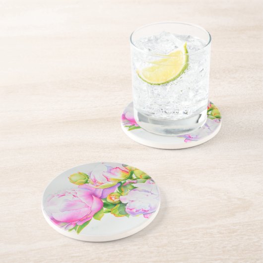 Peonies, roze, wit, florale waterverf schilderend zandsteen onderzetter (Zijkant)