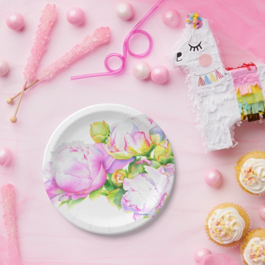 Peonies, roze, wit, waterverf schilderij papieren bordje (Feest)