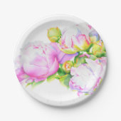 Peonies, roze, wit, waterverf schilderij papieren bordje (Voorkant)