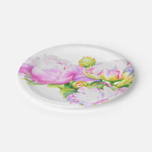 Peonies, roze, wit, waterverf schilderij papieren bordje (Gekanteld)