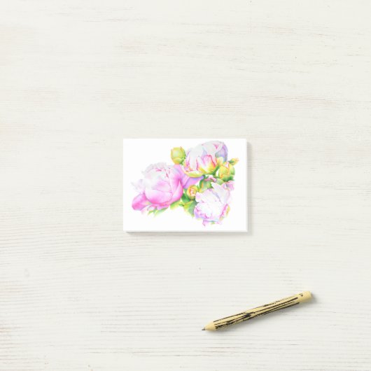Peonies, roze, wit, waterverf schilderij post-it® notes (Op bureau)