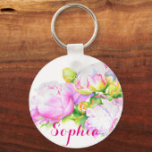 Peonies, roze, wit, waterverf schilderij sleutelhanger (Voorkant)
