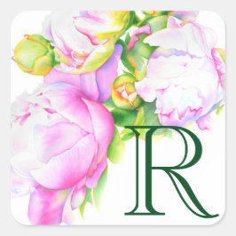 Peonies, roze, wit, waterverf schilderij vierkante sticker