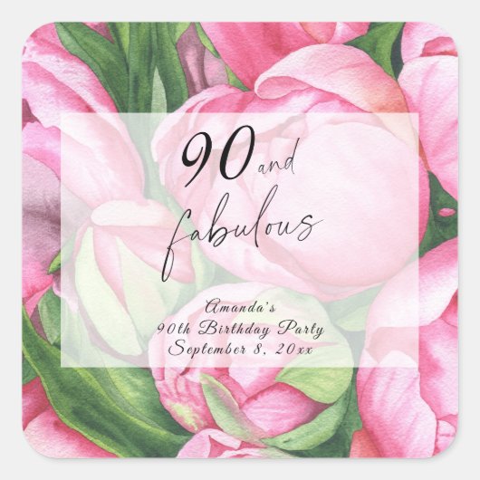 Peonies Rozen 90ste verjaardagsfeest Vierkante Sticker (Voorkant)