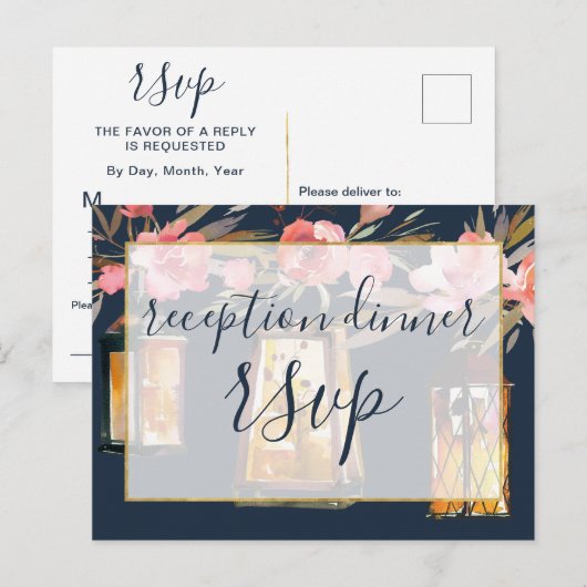 Peonies Rustic Navy Coral Floral Reception Uitnodiging Briefkaart (Voorkant / Achterkant)