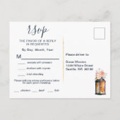 Peonies Rustic Navy Coral Floral Reception Uitnodiging Briefkaart (Achterkant)