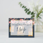 Peonies Rustic Navy Coral Floral Reception Uitnodiging Briefkaart (Staand voorkant)