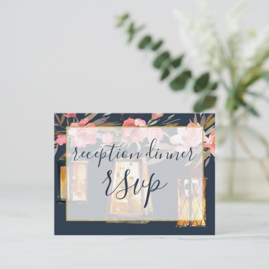 Peonies Rustic Navy Coral Floral Reception Uitnodiging Briefkaart (Staand voorkant)