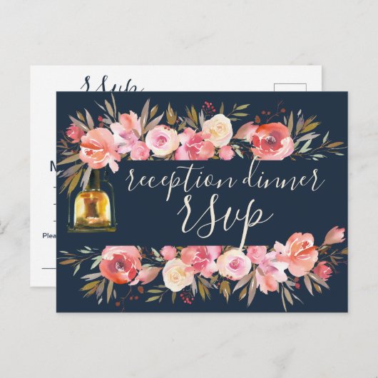 Peonies Rustic Navy Coral Floral Reception Uitnodiging Briefkaart (Voorkant / Achterkant)