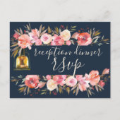 Peonies Rustic Navy Coral Floral Reception Uitnodiging Briefkaart (Voorkant)