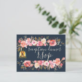Peonies Rustic Navy Coral Floral Reception Uitnodiging Briefkaart (Staand voorkant)