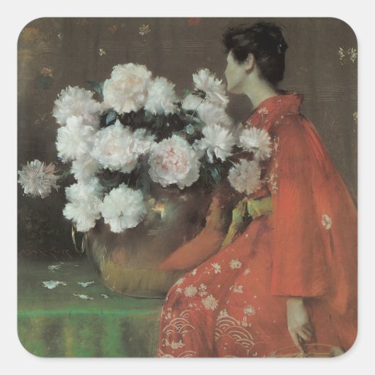 Peonies van William Merritt Chase,  kunst Vierkante Sticker (Voorkant)