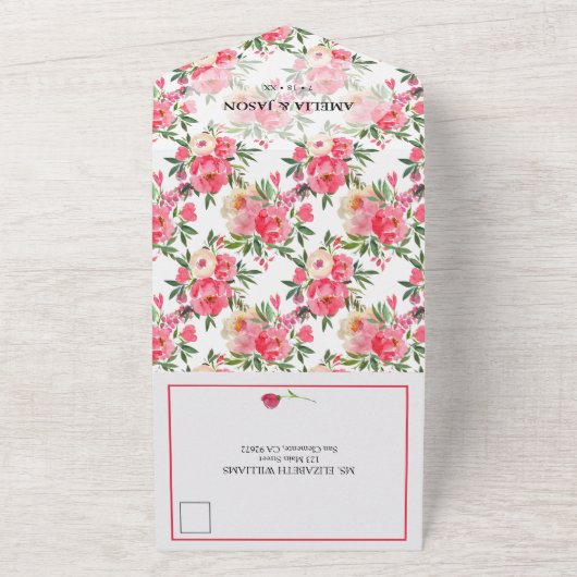 Peonies Waterverf Wedding All In One Uitnodiging (Buitenkant)