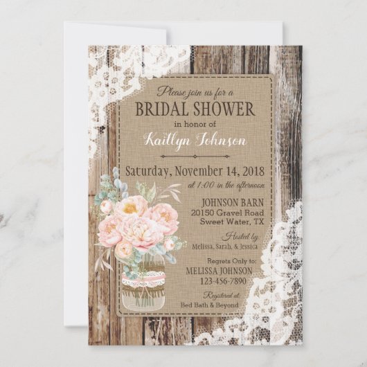 Peonies Wood Lace Rustiek Vrijgezellenfeest Kaart (Voorkant)