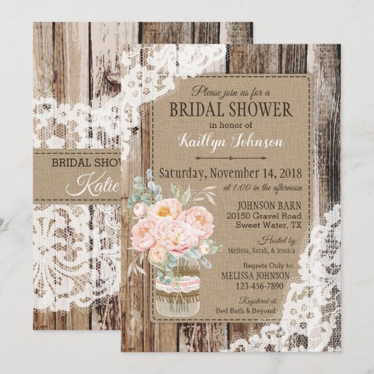 Peonies Wood Lace Rustiek Vrijgezellenfeest Kaart (Voorkant / Achterkant)