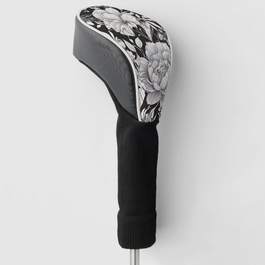 Peonies Zwart & Wit  Patroon Golfheadcover (Schuin)