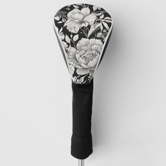 Peonies Zwart & Wit  Patroon Golfheadcover (Voorkant)