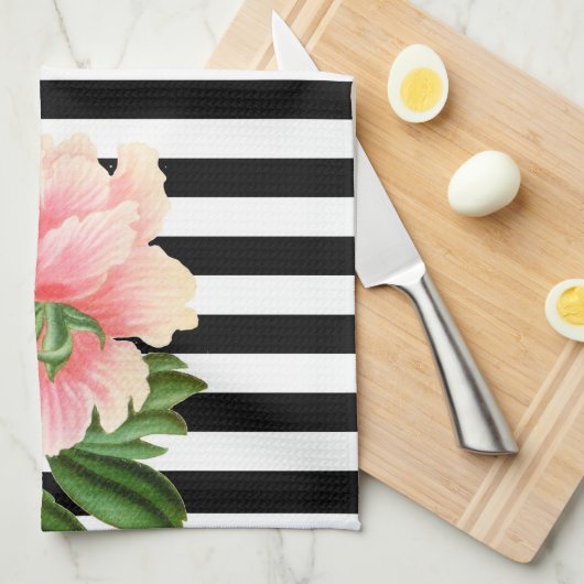 peonies zwarte strepen theedoek (Quarter Fold)