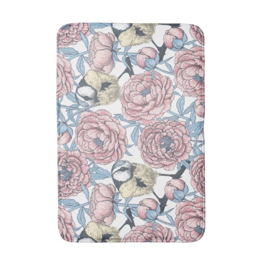Peony-bloemen en -vogels badmat (Voorkant Verticaal)