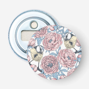 Peony-bloemen en -vogels button flesopener