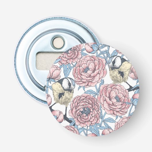Peony-bloemen en -vogels button flesopener (Voorkant)