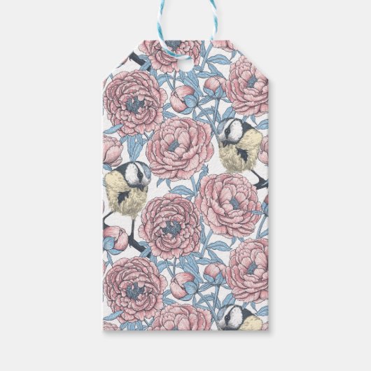 Peony-bloemen en -vogels cadeaulabel (Voorkant)