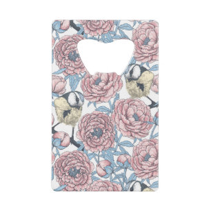 Peony-bloemen en -vogels creditkaart flessenopener