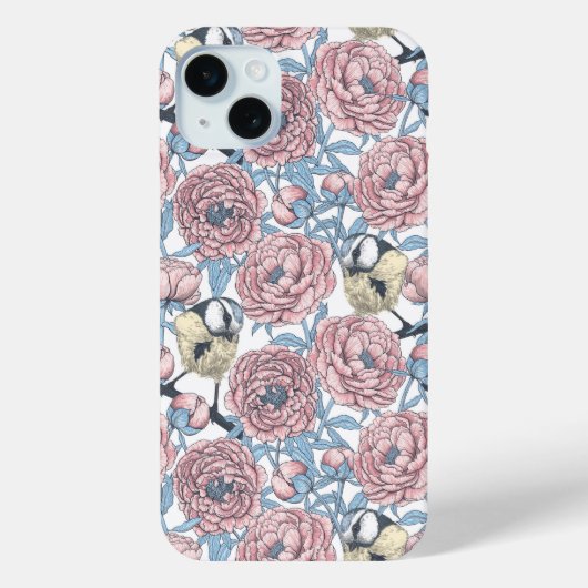 Peony bloemen en vogels Hoesje-Mate iPhone case (Achterkant)