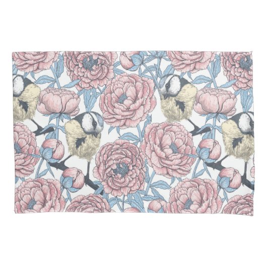 Peony-bloemen en -vogels kussensloop (Voorkant)
