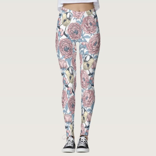 Peony-bloemen en -vogels leggings (Voorkant)
