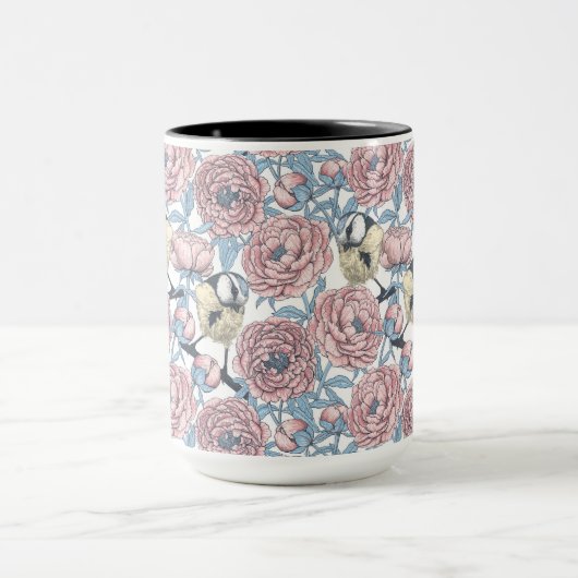 Peony-bloemen en -vogels mok (Midden)