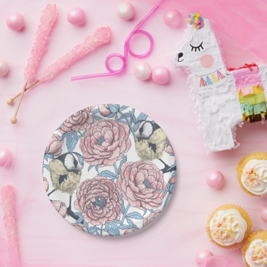 Peony-bloemen en -vogels papieren bordje (Feest)