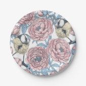 Peony-bloemen en -vogels papieren bordje (Voorkant)