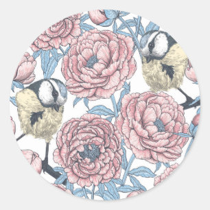 Peony-bloemen en -vogels ronde sticker