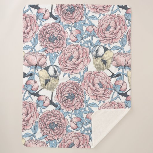 Peony-bloemen en -vogels sherpa deken (Voorkant)