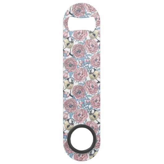 Peony-bloemen en -vogels speed flessenopener (Achterkant)