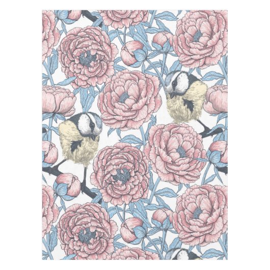 Peony-bloemen en -vogels tafelkleed (Voorkant)