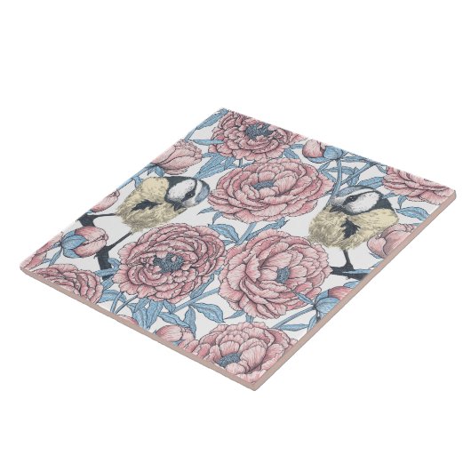 Peony-bloemen en -vogels tegeltje (Zijkant)