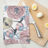 Peony-bloemen en -vogels theedoek (Quarter Fold)