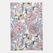 Peony-bloemen en -vogels theedoek (Verticaal)